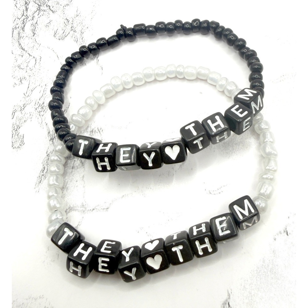 They Them Pronoun Bracelet Set‎ Black White Beaded Pride Jewelry